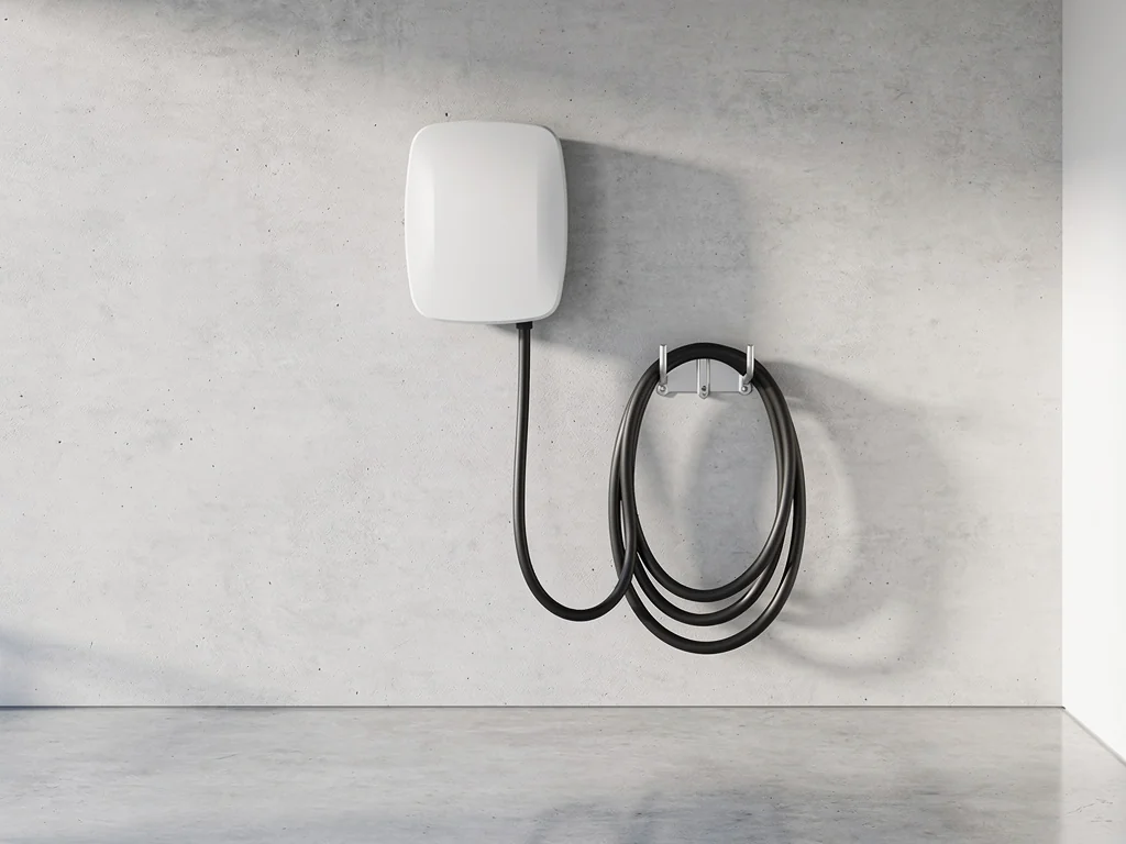 Wallbox blanche fixée au mur d'un garage résidentiel, câble enroulé