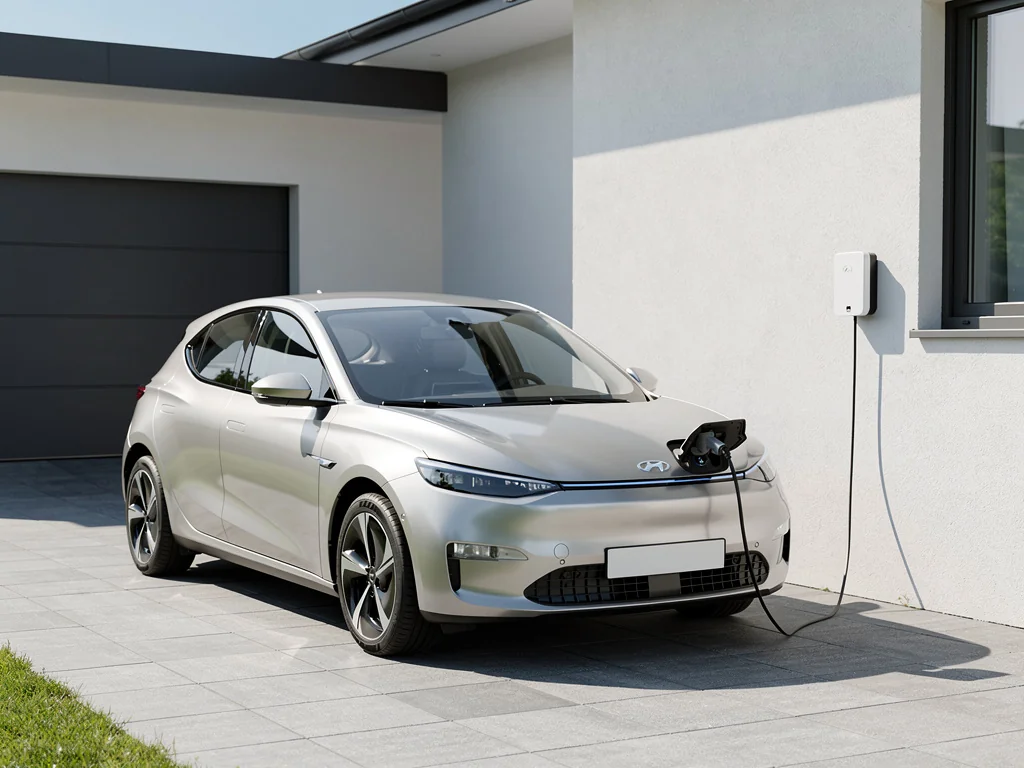 Citadine électrique branchée sur une borne murale dans une allée pavée