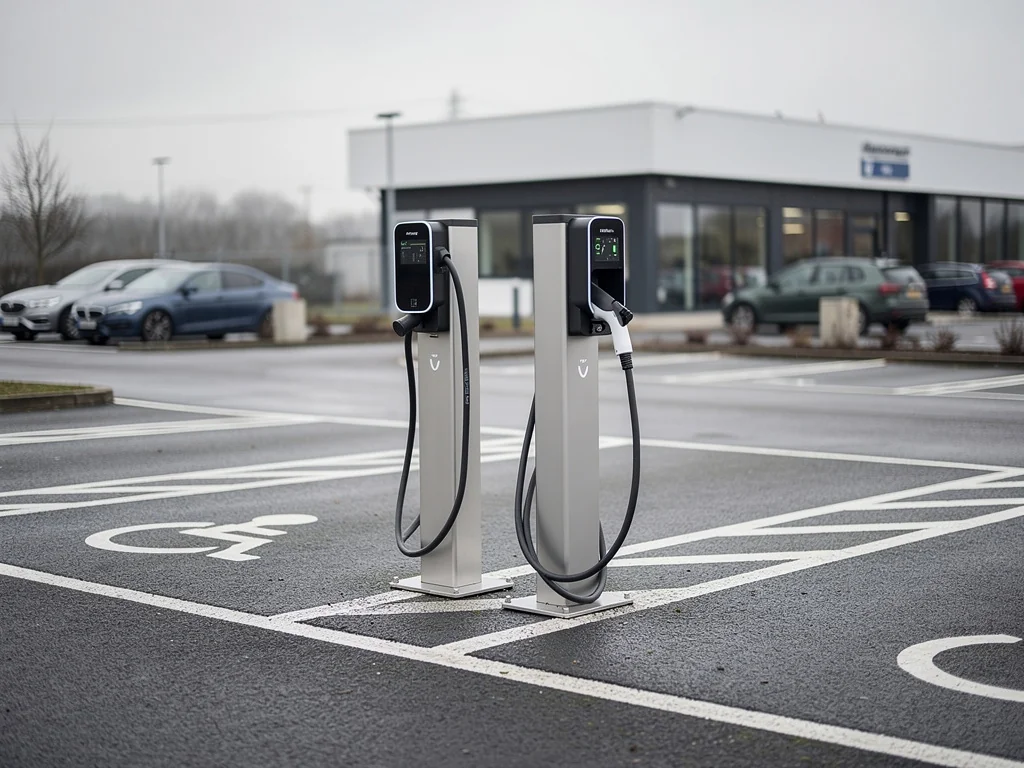 Deux bornes sur pied alignées sur le parking d'une PME