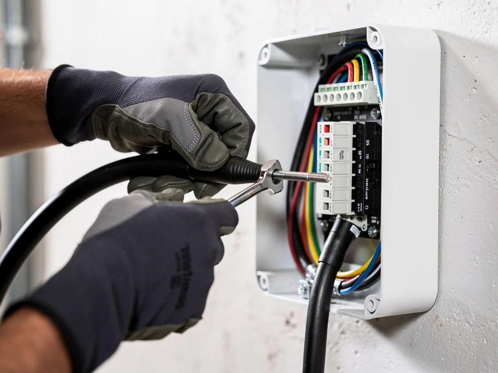 Électricien vissant le câble d'alimentation au dos d'une borne