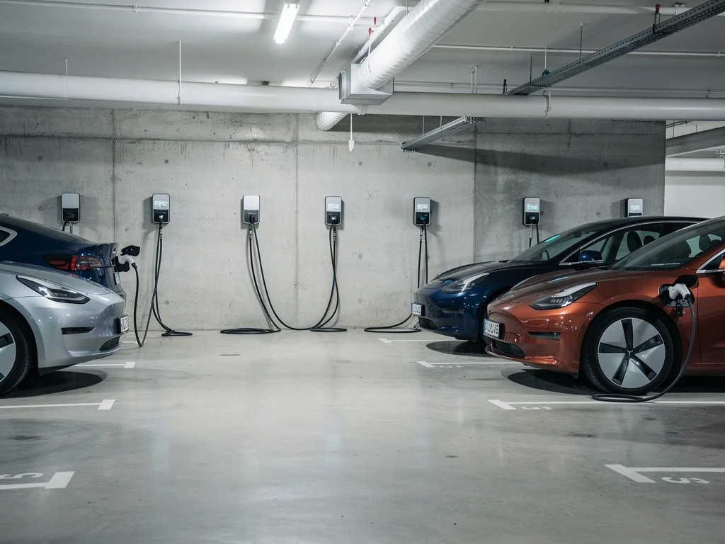 Bornes partagées dans le parking souterrain d'une résidence